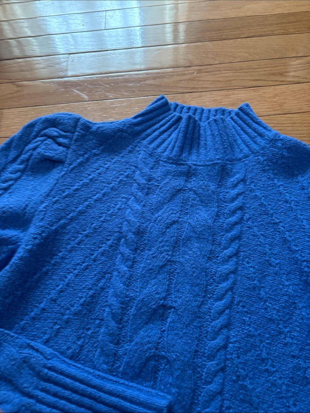 LOFT Bright Blue Cable-Knit Puff Shoulder Mock Neck Sweater - Picture 4 of 9